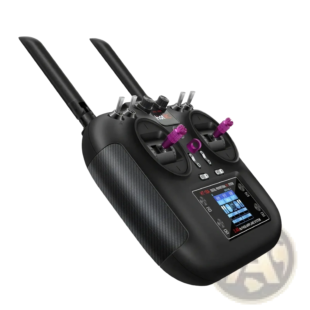 Hotrc ht 10a 10ch transmitter with f 10a receiver black carbon-fiber textured remote control with purple knobs and dual antennas