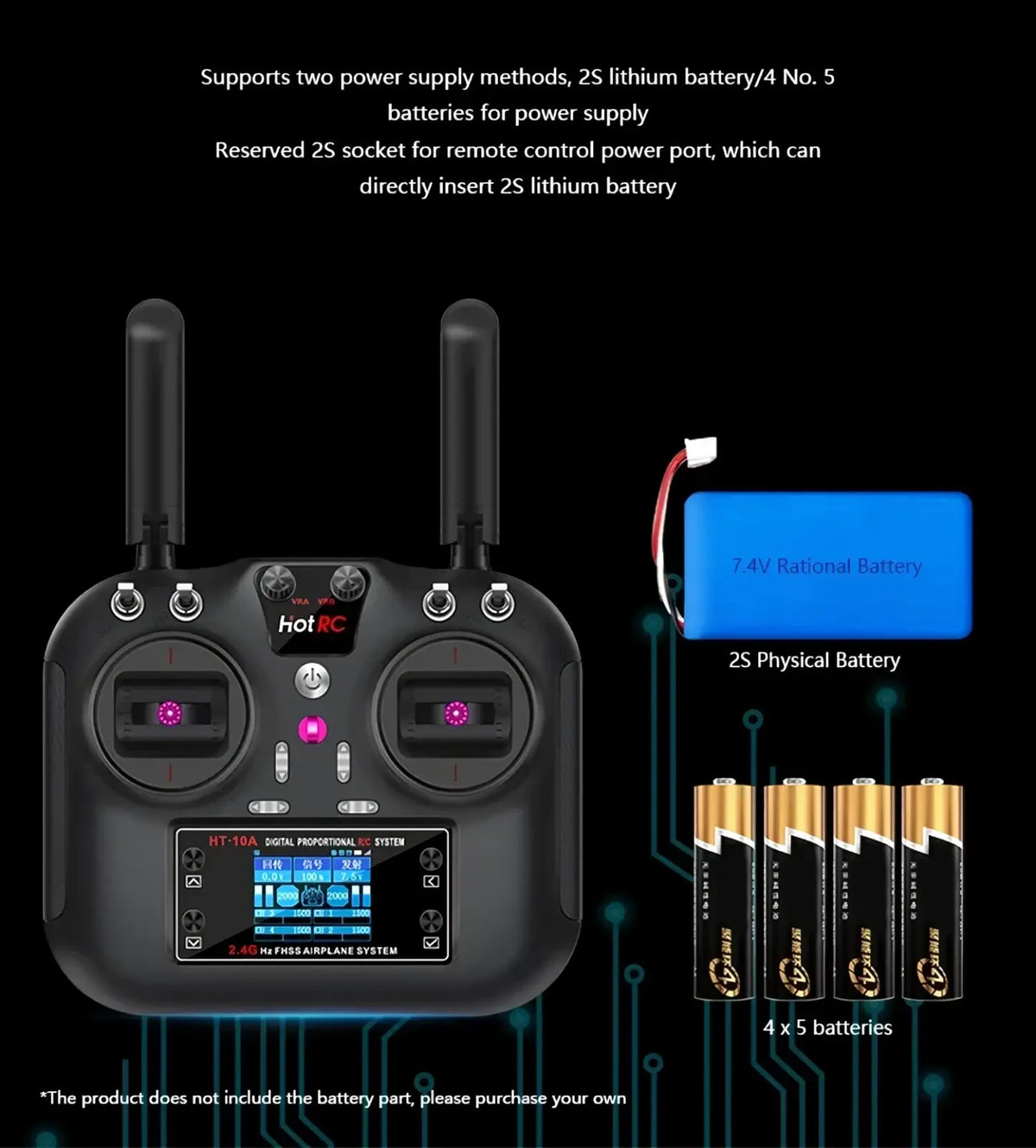 Black hotrc ht 10a 10ch digital proportional rc transmitter with two antennas, flight data screen, and pink illuminated buttons