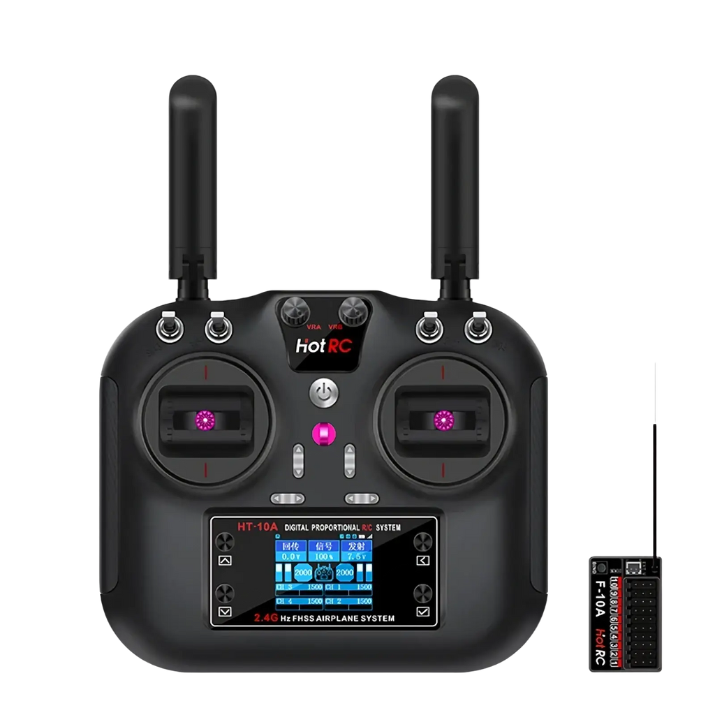 Black hotrc ht 10a 10ch digital proportional radio controller with two antennas and color screen displaying flight data