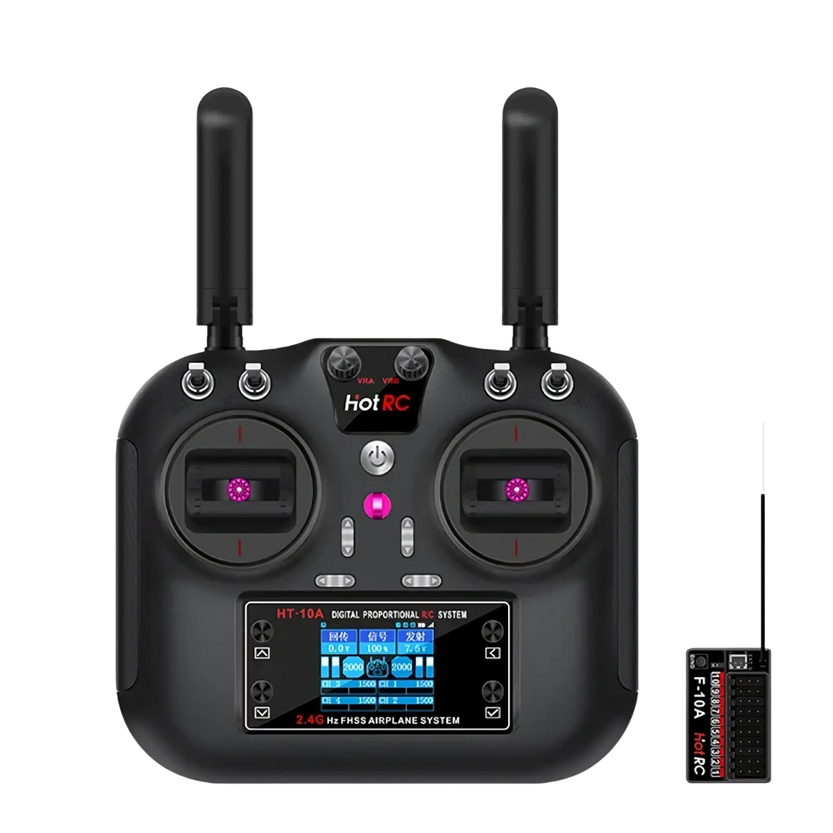 Black hotrc ht 10a 10ch digital proportional radio controller with two antennas and color screen displaying flight data