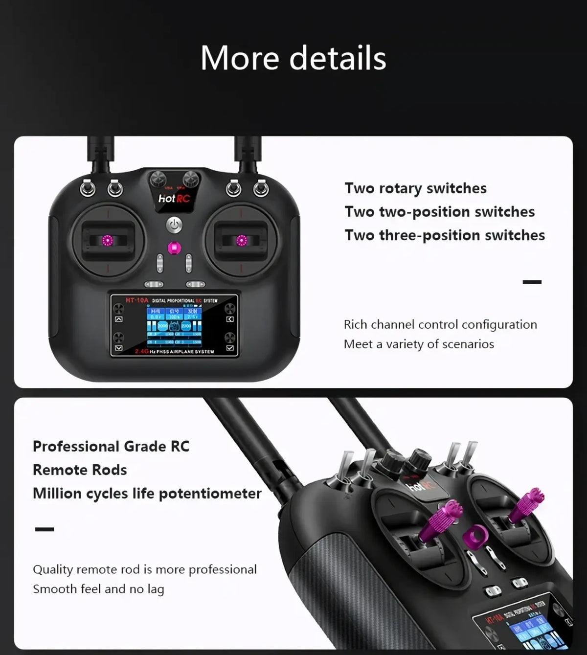 Black hotrc ht 10a 10ch digital proportional radio transmitter with purple switches and touchscreen display