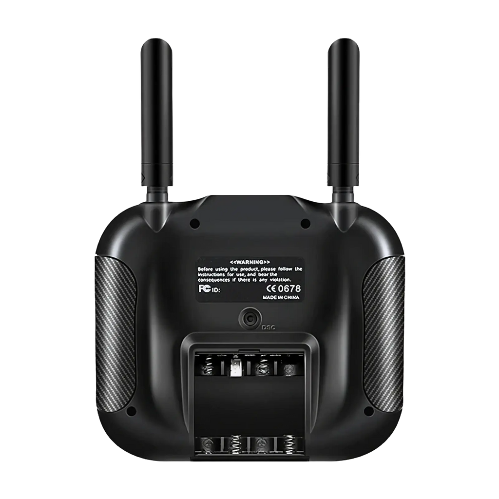 Black hotrc ht 10a 10ch transmitter with f 10a receiver featuring two antennas and carbon fiber textured side panels