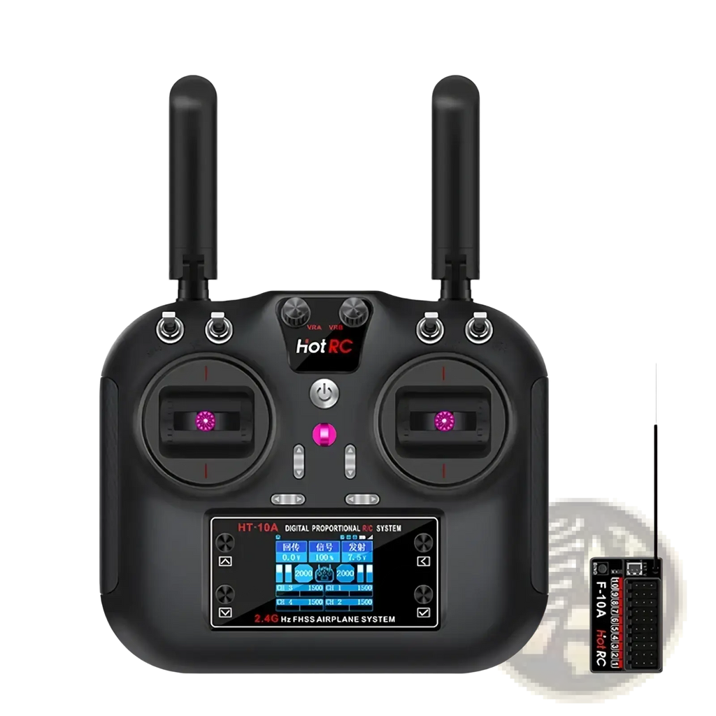Black hot rc ht 10a 10ch digital proportional transmitter with two antennas and illuminated flight data screen
