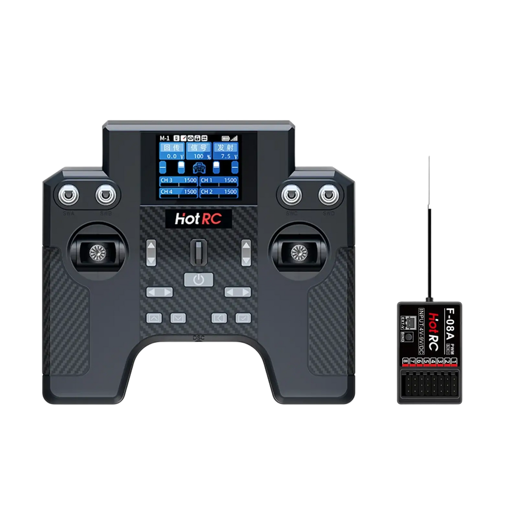 Black carbon fiber textured ht-8a 8ch remote control transmitter with digital display and multiple control buttons power supply