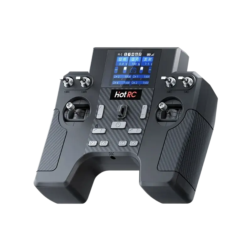 Black ht-8a remote control transmitter with carbon fiber texture and digital display screen with power supply features