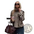 Brown leather tote bag with structured shape and top handle paired with houndstooth coat relaxed fit double breasted jacket