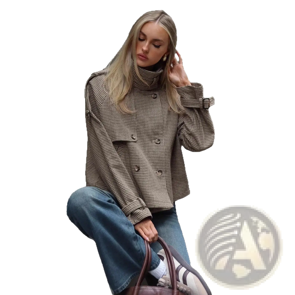 A stylish brown and beige houndstooth double-breasted coat with high collar and adjustable sleeve straps
