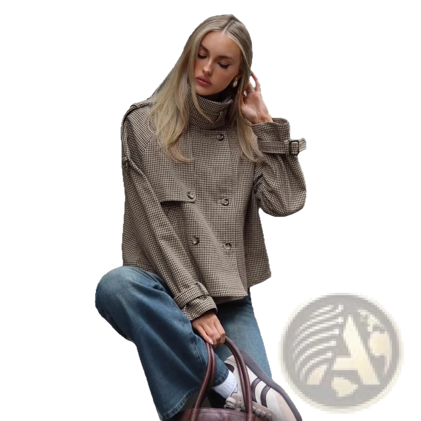 A stylish brown and beige houndstooth double-breasted coat with high collar and adjustable sleeve straps
