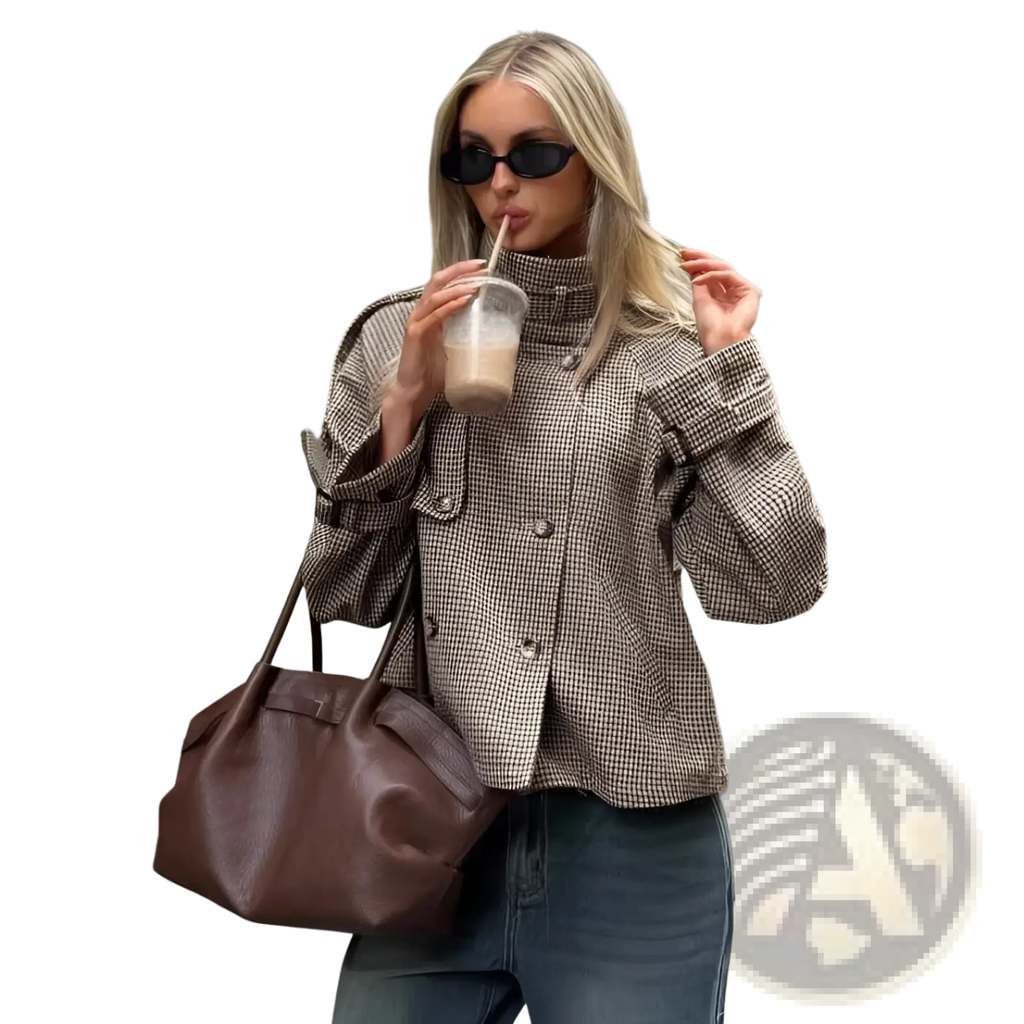 Brown leather tote bag with structured slightly slouched shape and visible stitching paired with houndstooth coat relaxed fit double breasted jacket