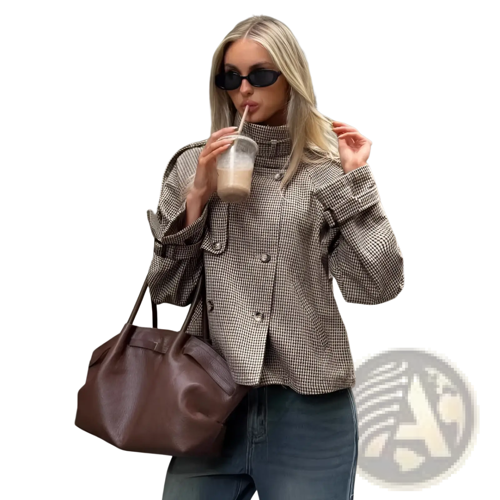 Brown leather tote bag with structured slightly slouched shape and visible stitching paired with houndstooth coat relaxed fit double breasted jacket
