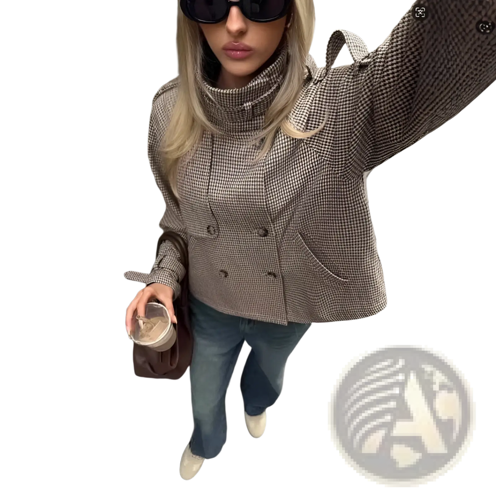 Beige and black houndstooth relaxed fit double breasted coat with high collar for stylish outerwear