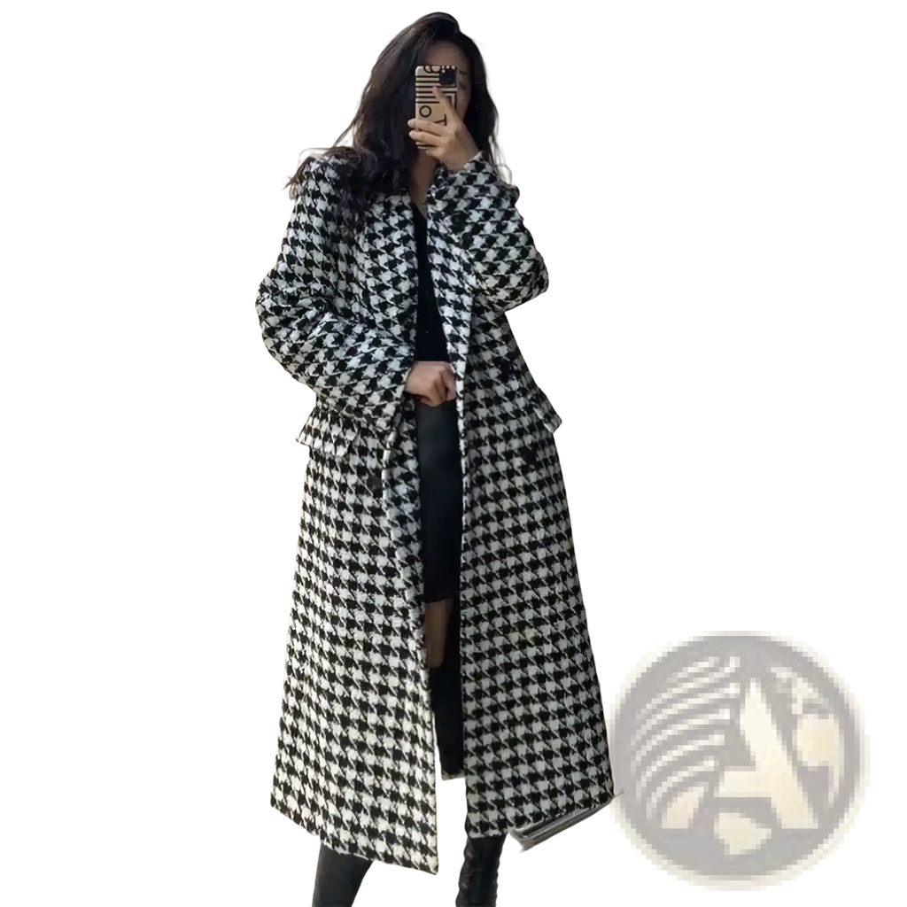 Houndstooth double breasted wool coat in black and white with a classic tailored long design