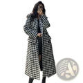 Houndstooth double breasted wool coat in black and white with a classic tailored long design