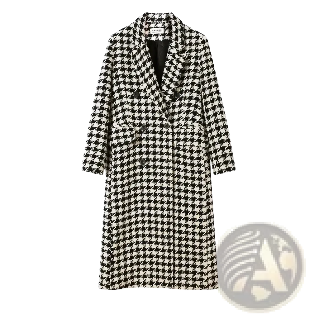 Houndstooth double breasted wool coat featuring a classic black and white houndstooth pattern and double breasted design