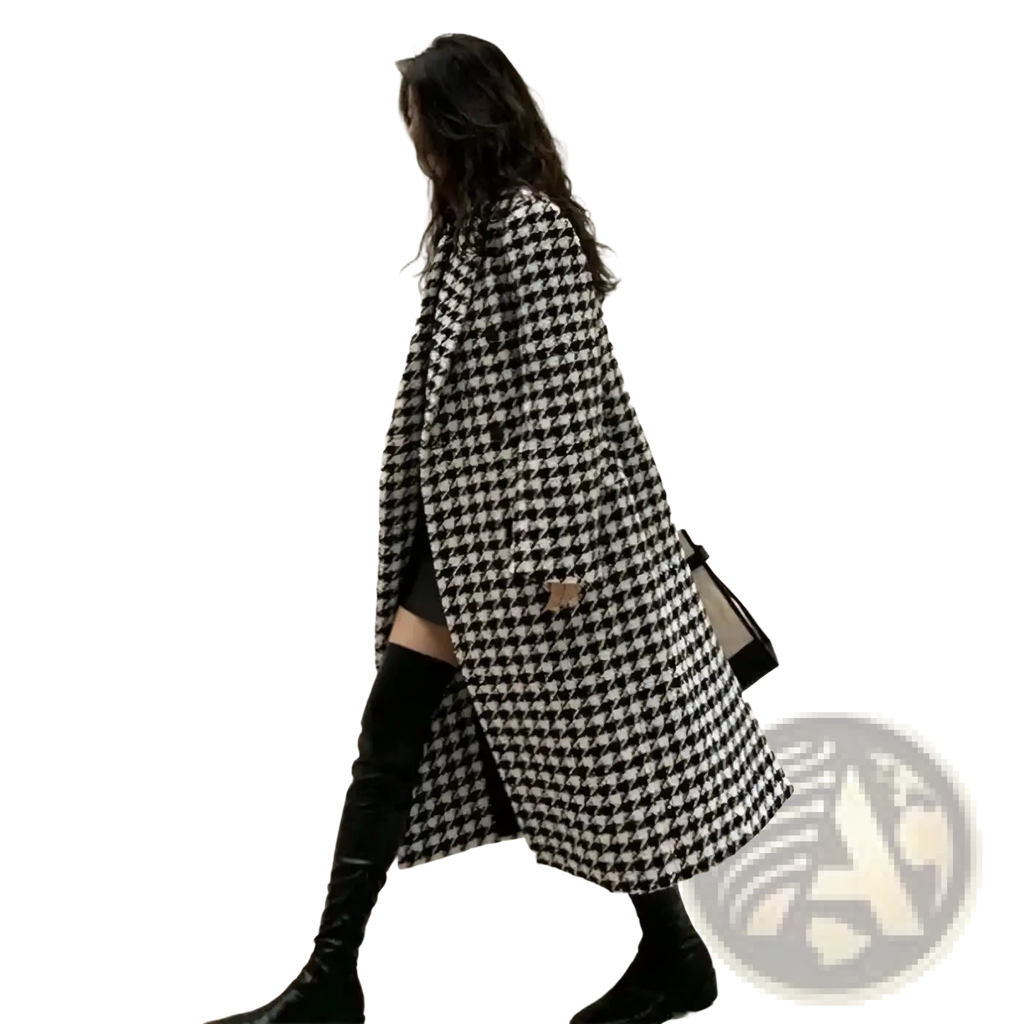 A long black and white houndstooth double breasted wool coat with a classic design for elegant outerwear