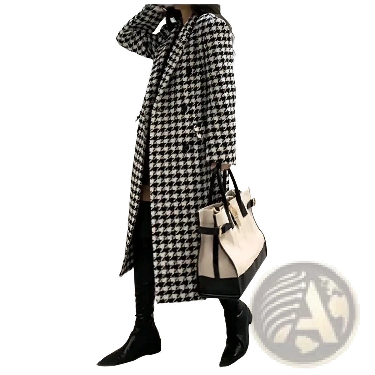 A long black and white houndstooth wool coat with a classic double breasted design for formal wear
