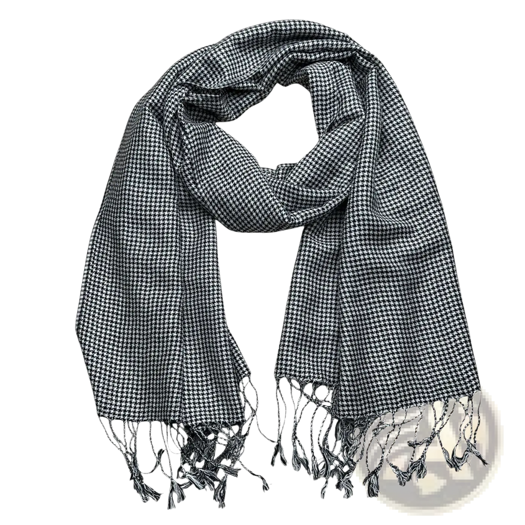 A black and white houndstooth jacquard winter scarf with fringed ends in a 2 pack set