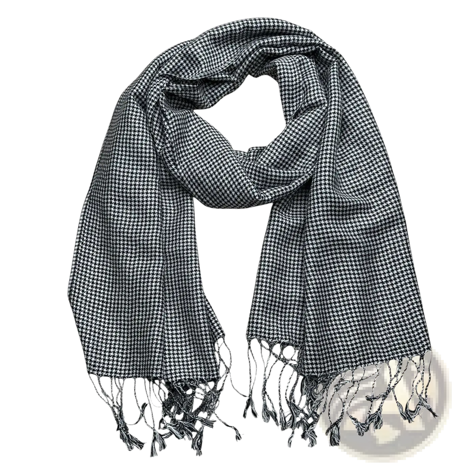 A black and white houndstooth jacquard winter scarf with fringed ends in a 2 pack set