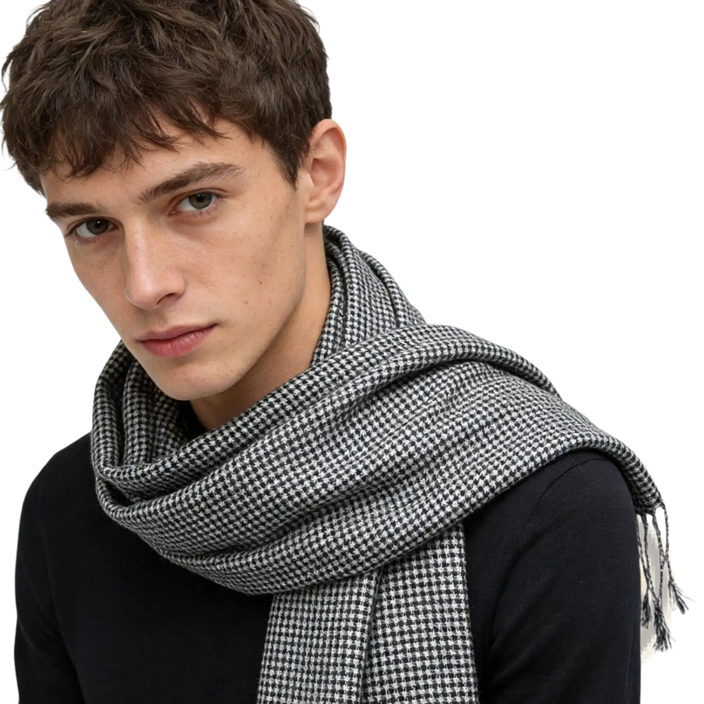 Houndstooth jacquard winter scarf 2 pack featuring a black and white houndstooth pattern with fringed ends worn around the neck