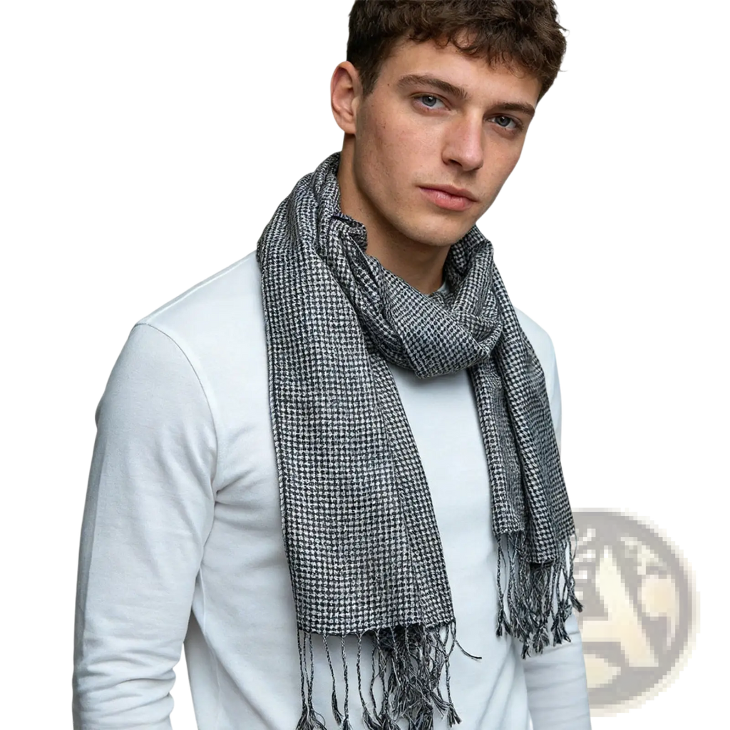 Gray and white houndstooth jacquard winter scarf with fringed ends in a 2 pack for cold weather use