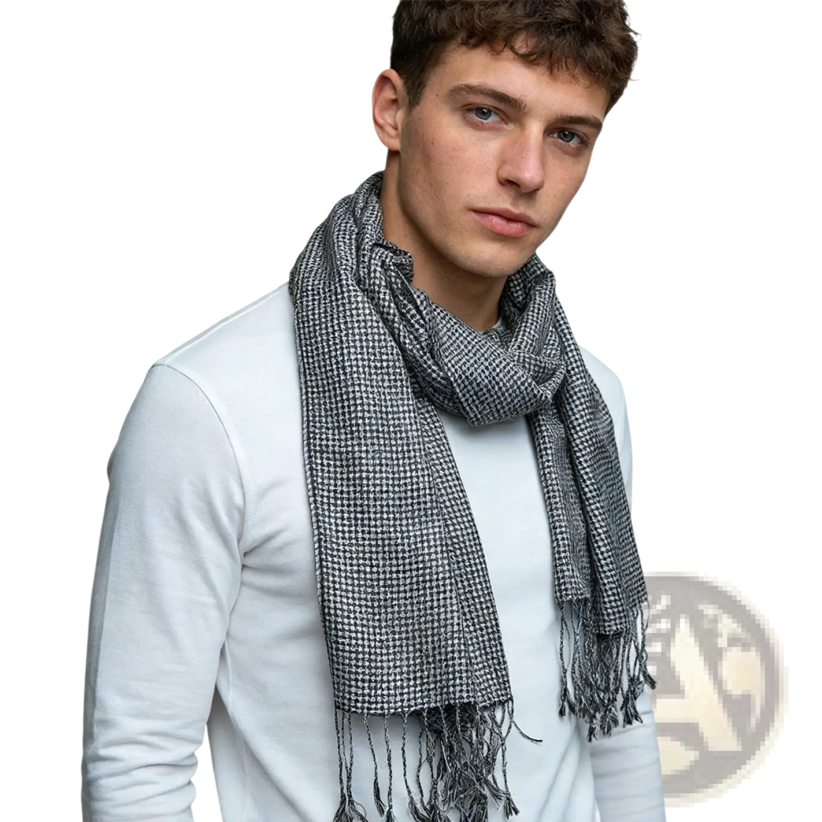 Gray and white houndstooth jacquard winter scarf with fringed ends in a 2 pack for cold weather use