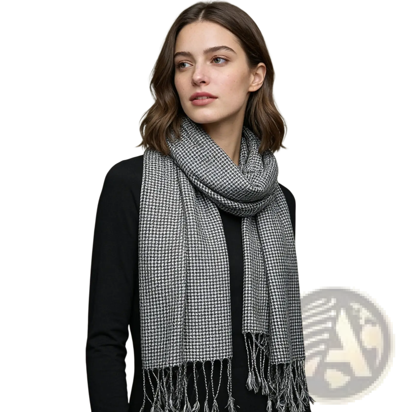 A soft black and white houndstooth jacquard winter scarf with delicate fringe detailing in a 2 pack set