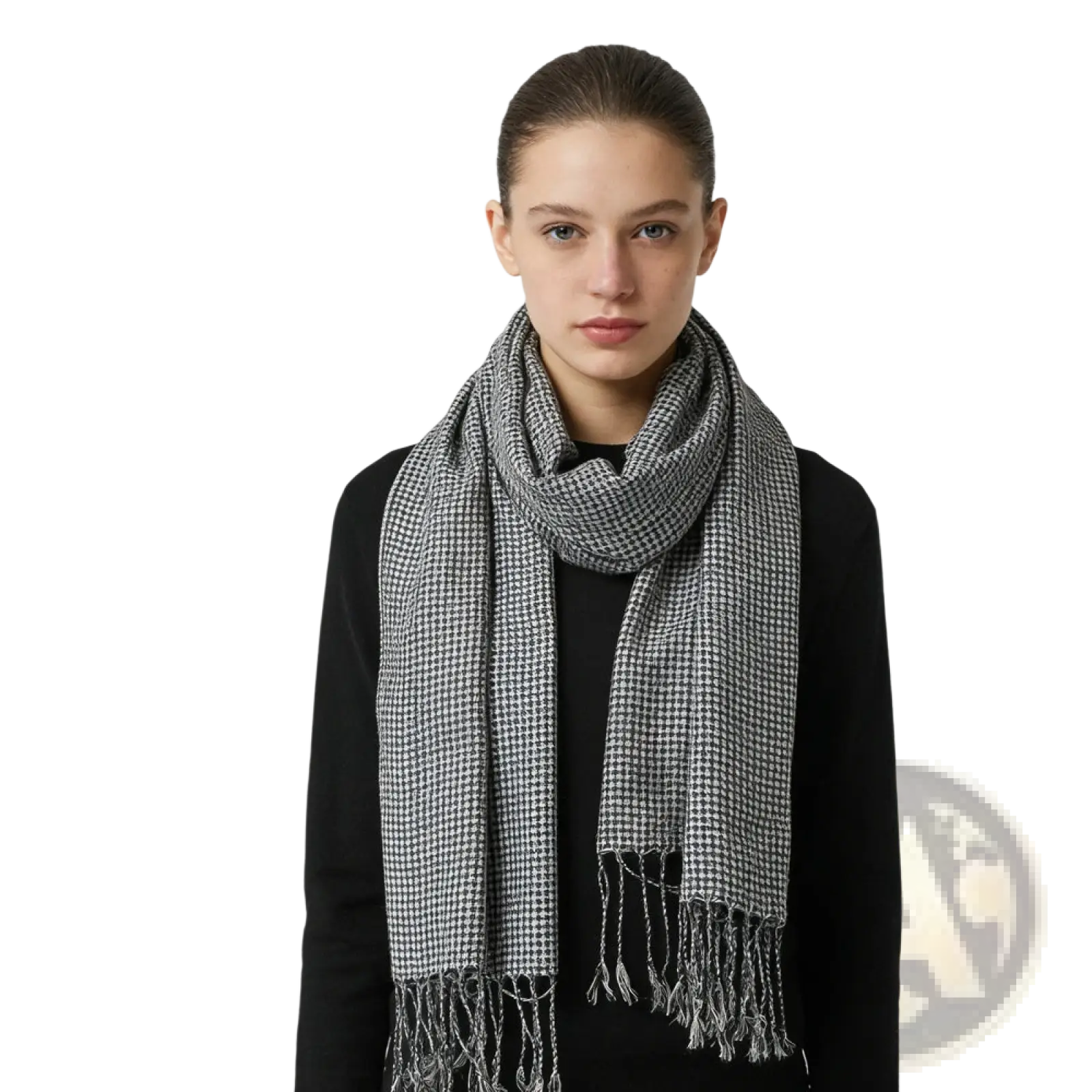 Houndstooth jacquard winter scarf 2 pack with soft gray and white houndstooth pattern and delicate fringe detailing