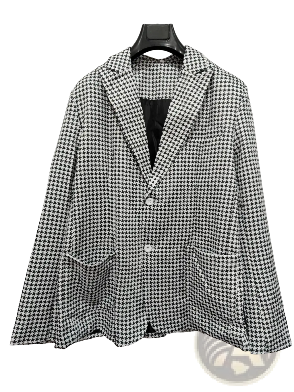 Black and white houndstooth slim fit suit jacket with classic double-breasted design for formal wear