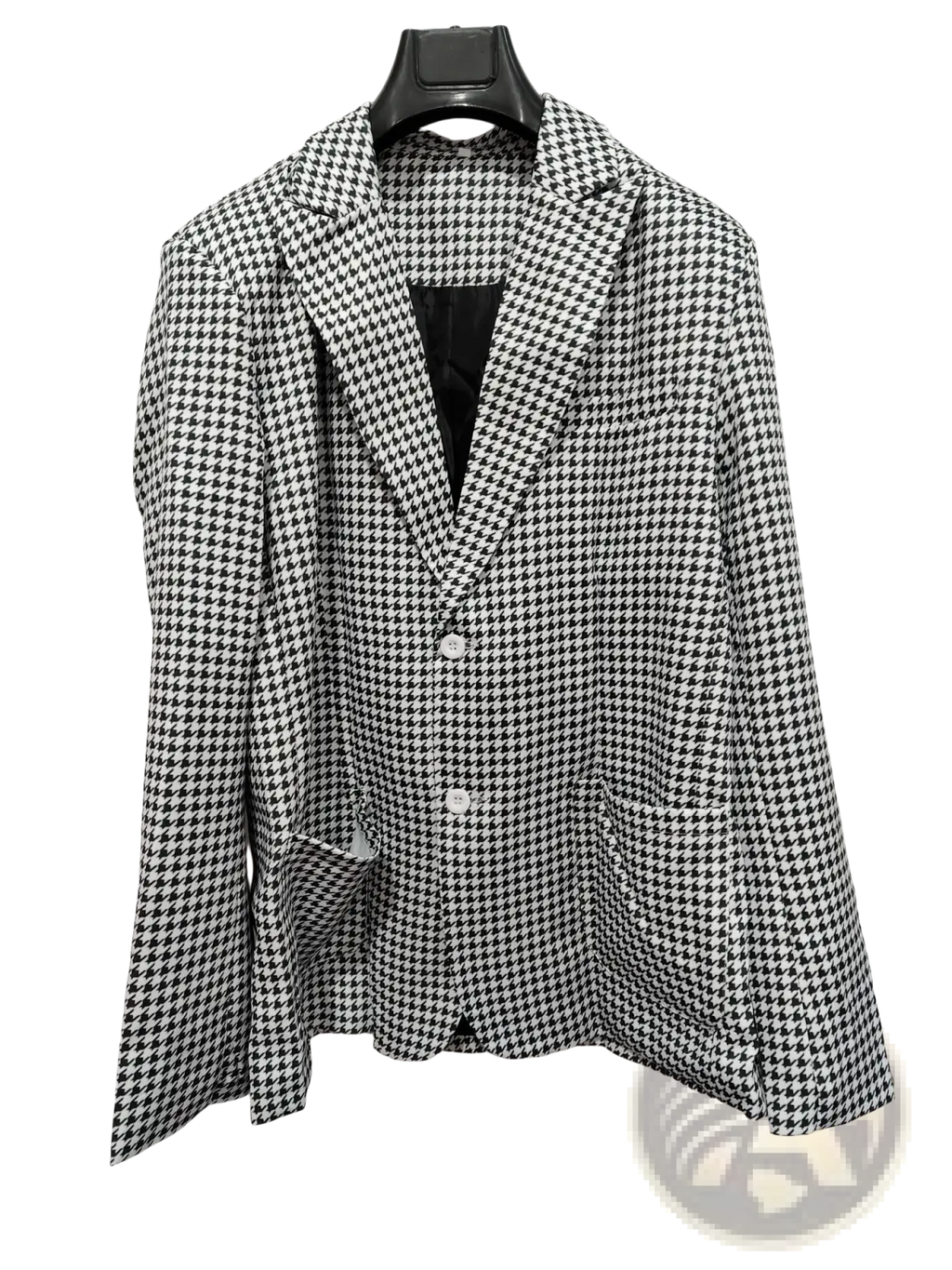 Houndstooth slim fit suit jacket in black and white with a classic double breasted blazer design