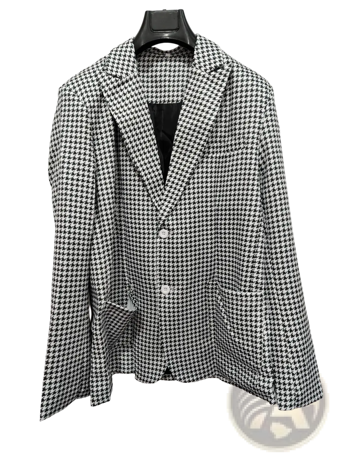 Houndstooth slim fit suit jacket in black and white with a classic double breasted blazer design