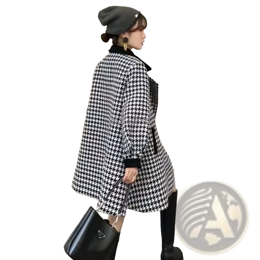 Black and white houndstooth wool blend blazer coat with black ribbed cuffs for stylish outerwear use