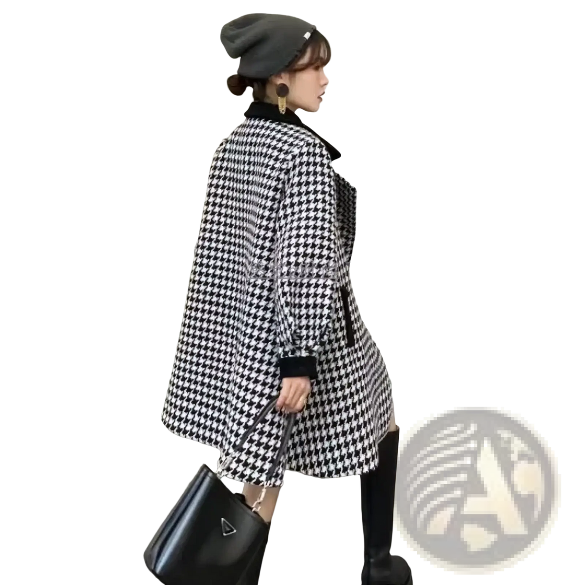 Black and white houndstooth wool blend blazer coat with black ribbed cuffs for stylish outerwear use
