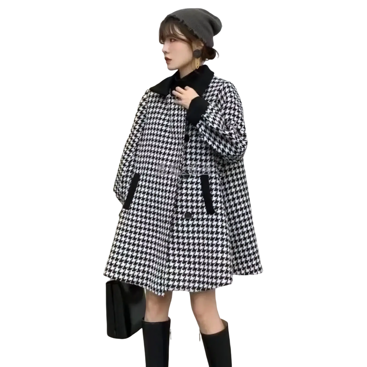 Houndstooth wool blend blazer coat with black collar, cuffs, and pocket trim in black and white pattern