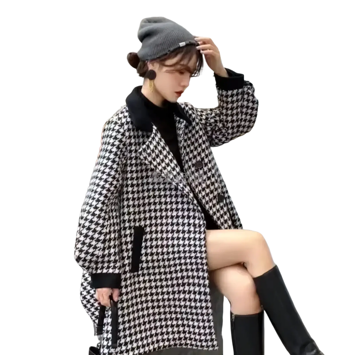 Black and white houndstooth wool blend blazer coat with black collar cuffs and pocket trim for stylish outerwear