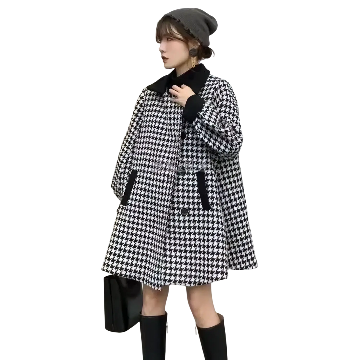 A black and white houndstooth wool blend blazer coat with contrasting black collar cuffs and front pockets