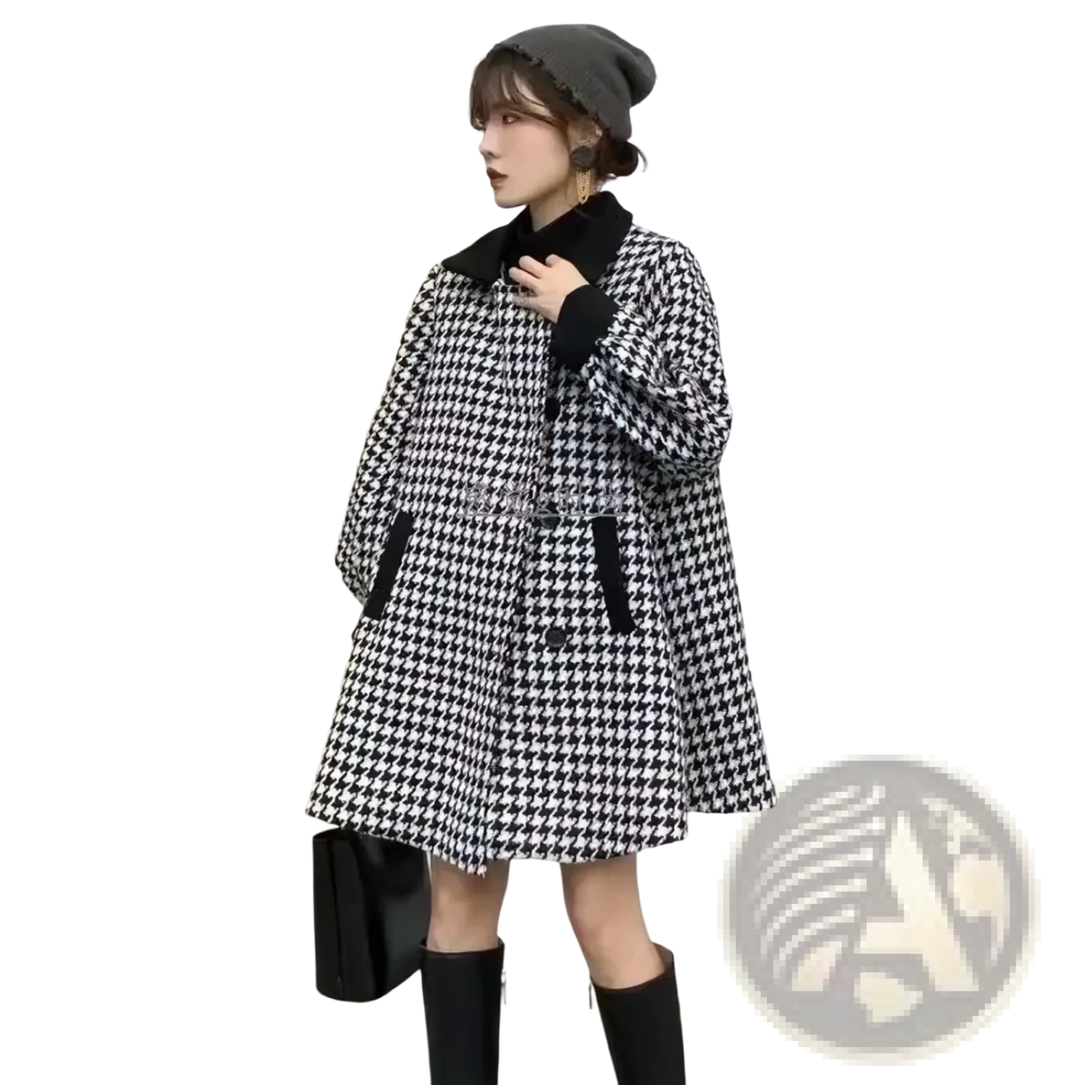 A black and white houndstooth wool blend blazer coat with contrasting black collar cuffs and front pockets