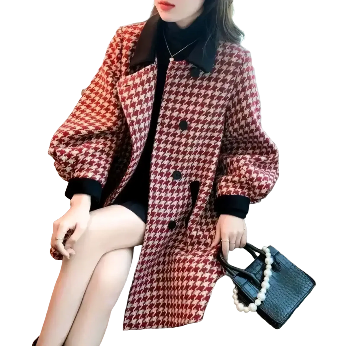 Red and white houndstooth wool blend blazer coat with black collar and cuffs for stylish outerwear