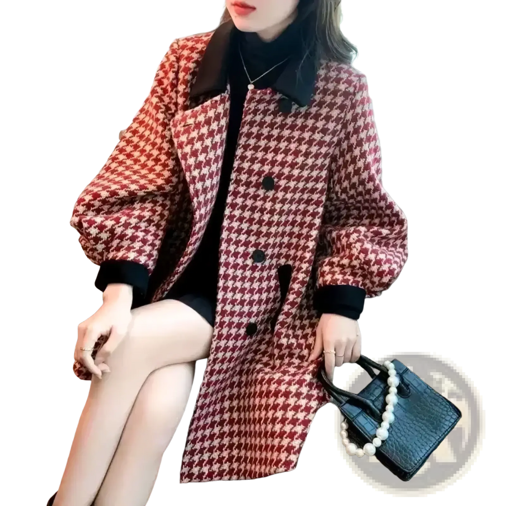 Red and white houndstooth wool blend blazer coat with black collar and cuffs for stylish outerwear