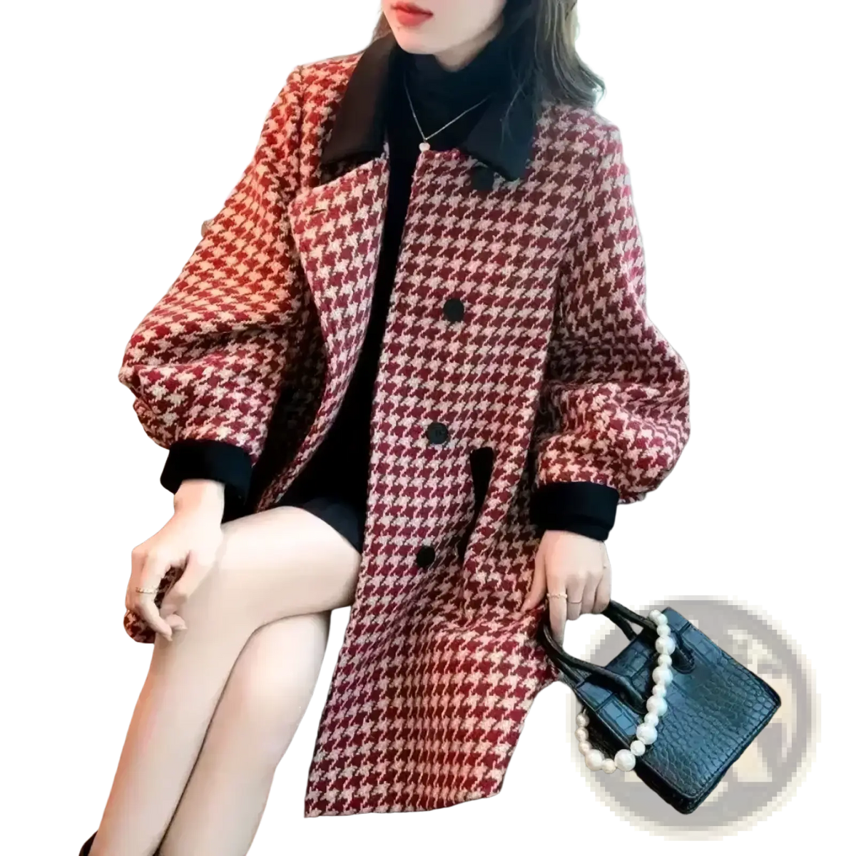 Red and white houndstooth wool blend blazer coat with black collar and cuffs for stylish outerwear
