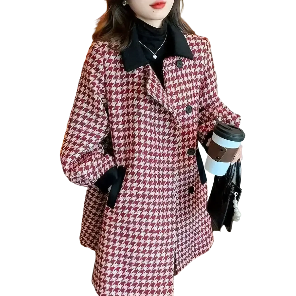 A houndstooth wool blend blazer coat in maroon and white with a black collar and cuffs for stylish outerwear