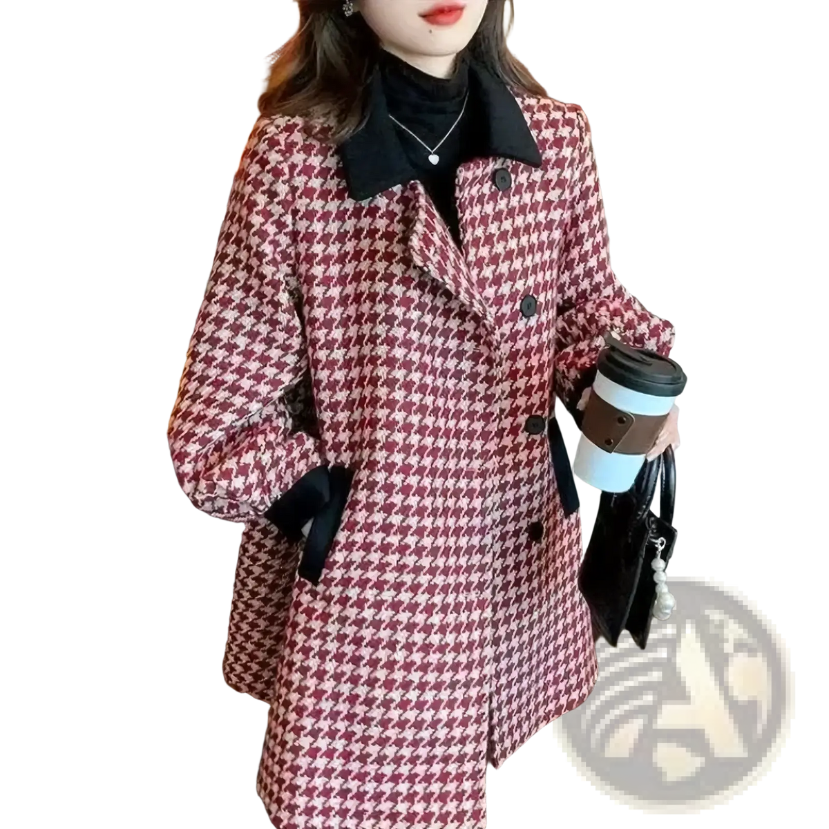 A stylish red and white houndstooth wool blend blazer coat with black collar cuffs and buttons