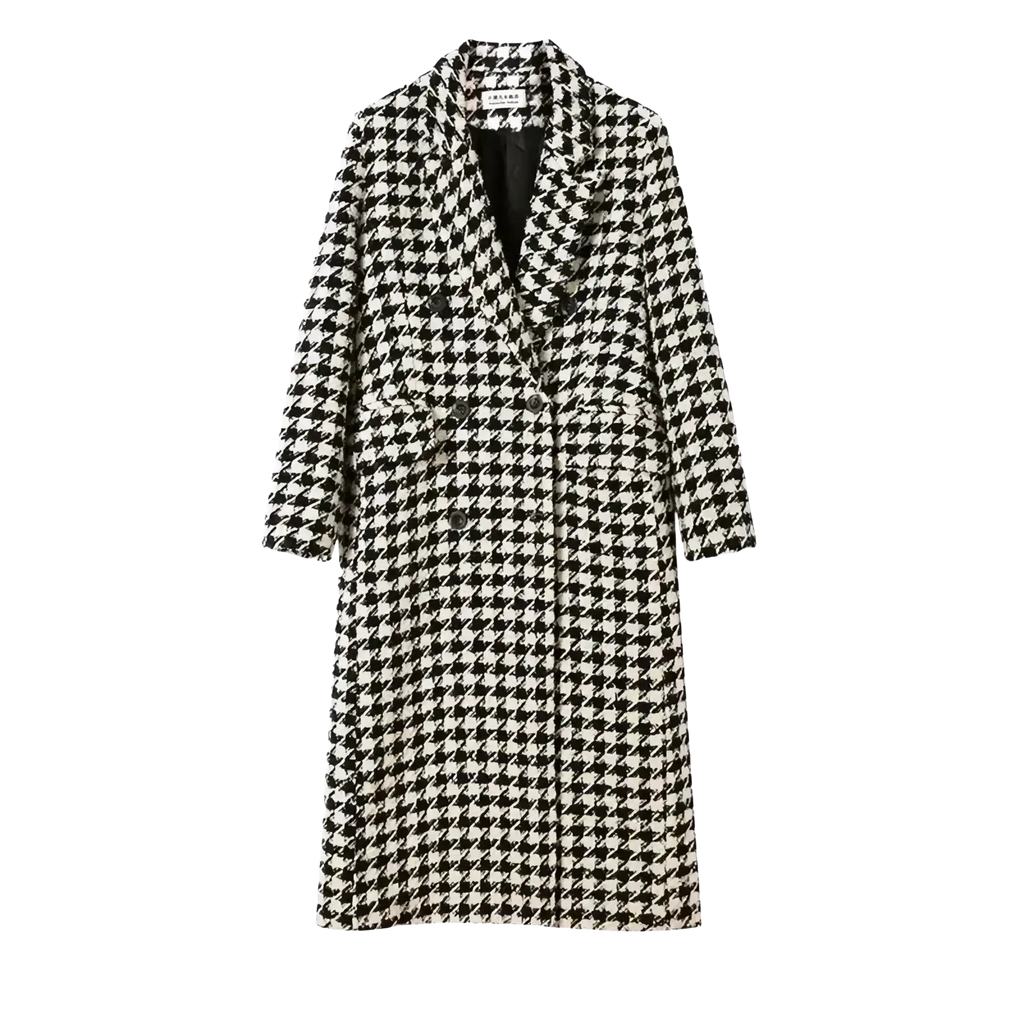 A classic black and white houndstooth wool coat with a double breasted design for stylish outerwear