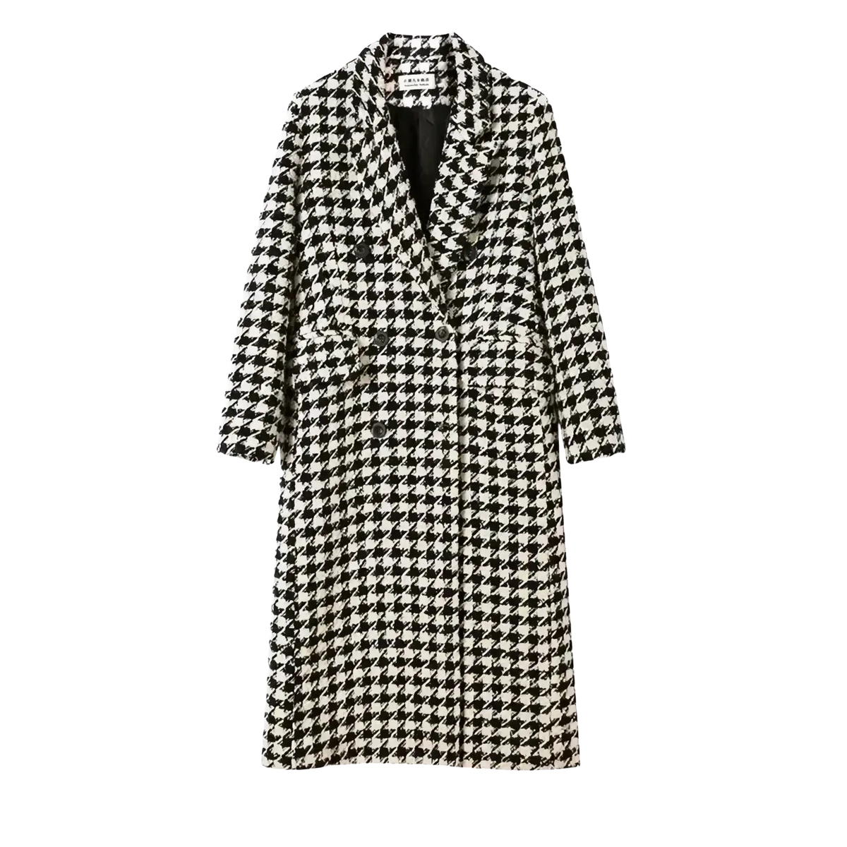 A classic black and white houndstooth wool coat with a double breasted design for stylish outerwear