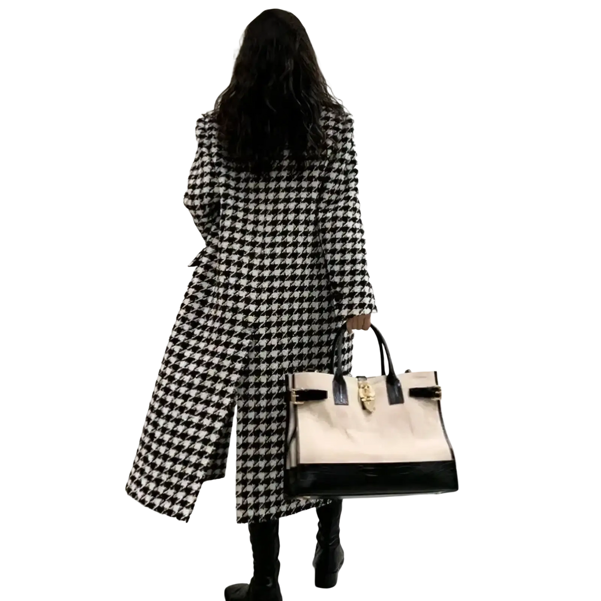 Cream and black two-tone handbag with glossy patent leather base and gold hardware paired with houndstooth wool coat