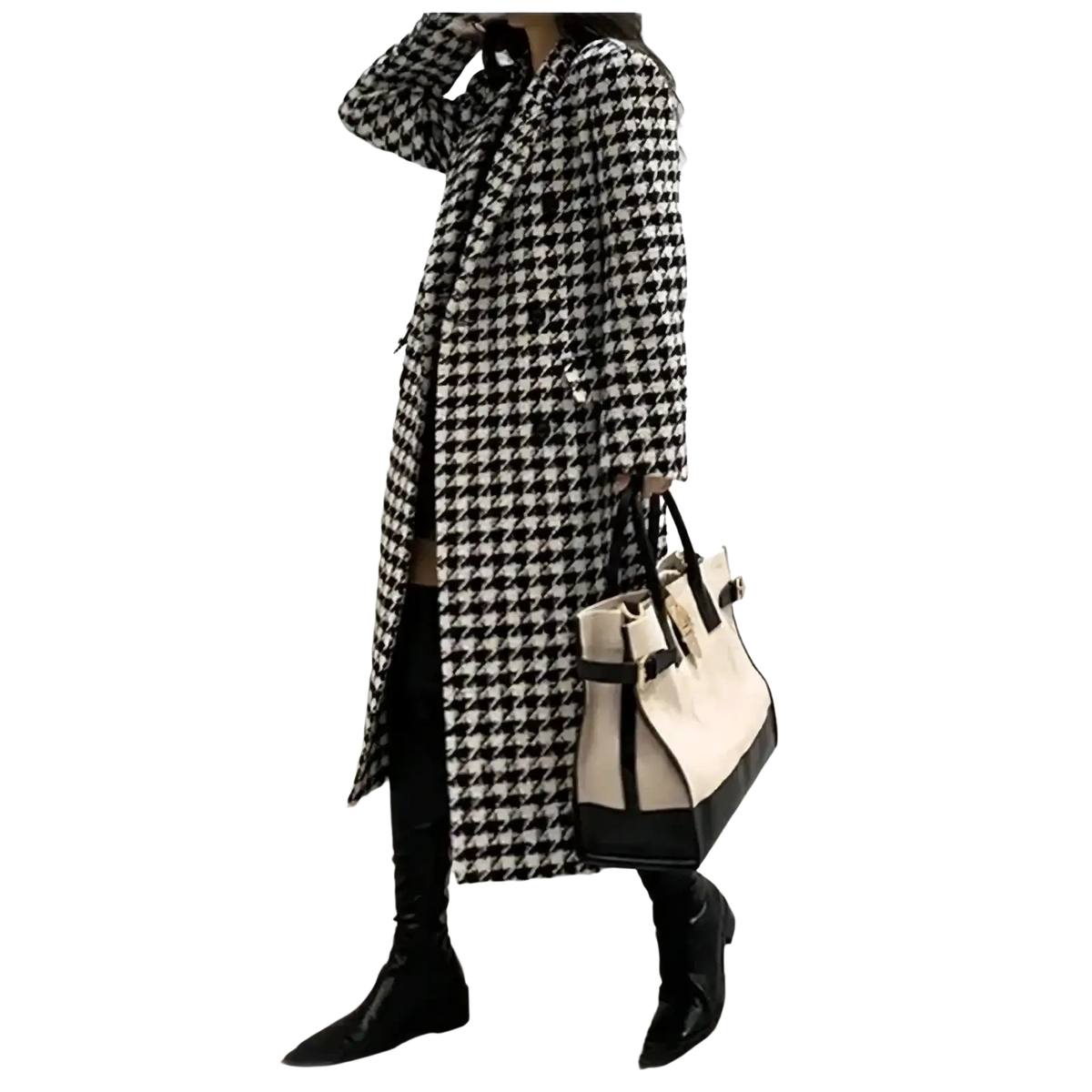 A long black and white houndstooth wool coat with a classic double breasted design
