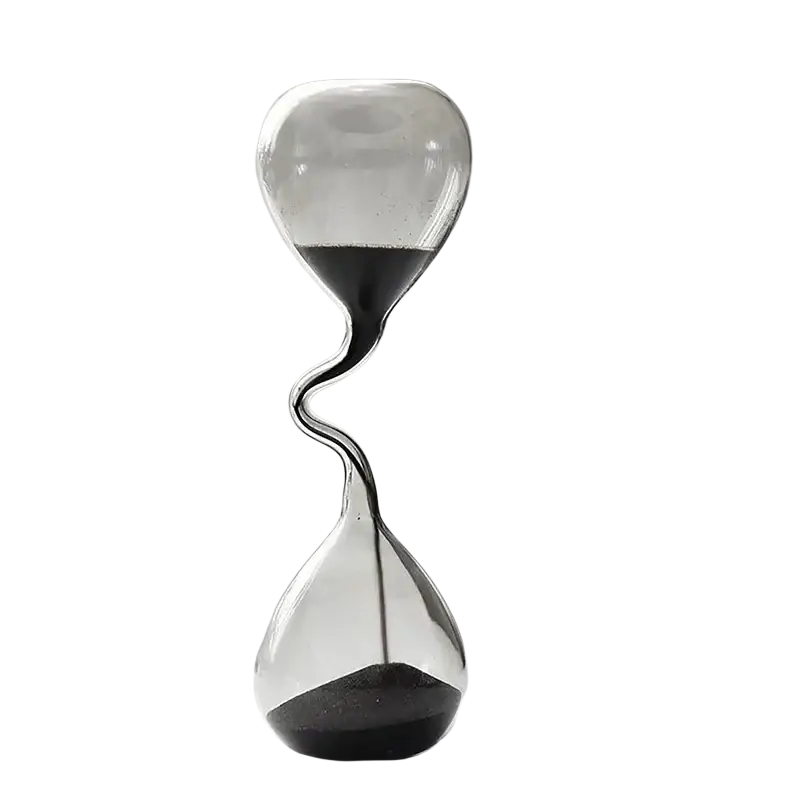 A sleek transparent glass hourglass timer with twisted neck and black sand for modern home decoration
