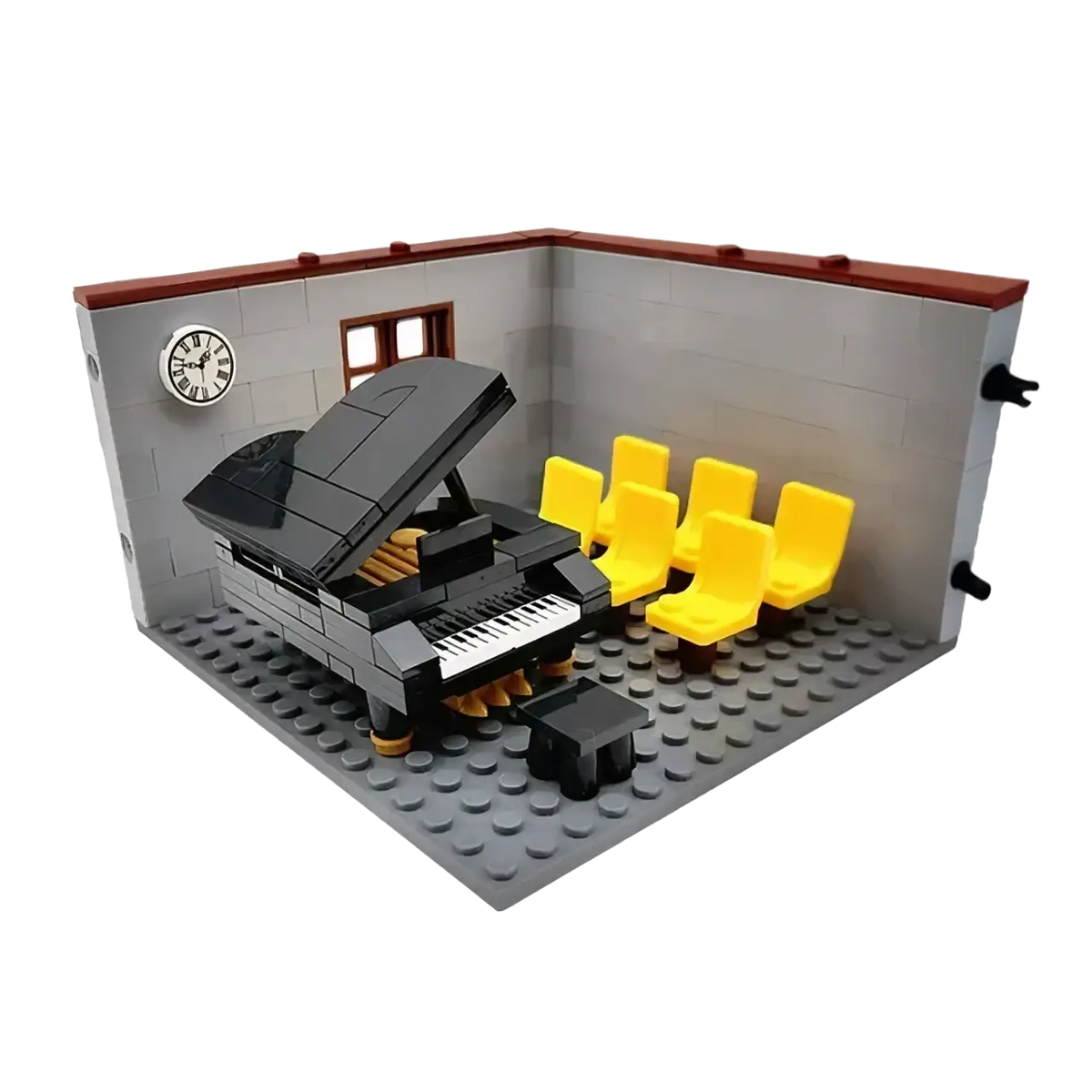 Black lego grand piano with open lid and visible keys in gray brick room for city house building blocks set