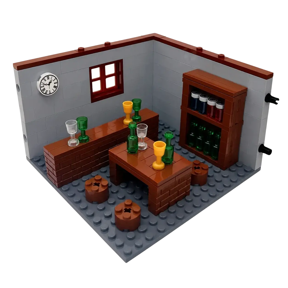 Brown lego brick-built bar set with gray walls red window frame and clock for city house building blocks room furniture