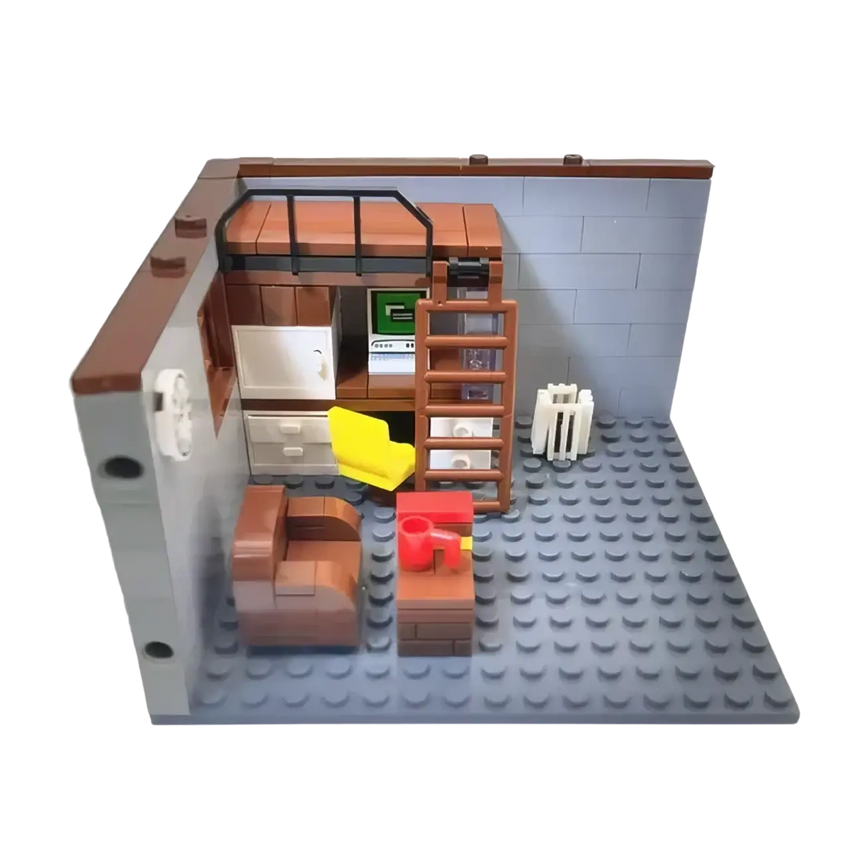 Brown lego brick-built room with loft bed desk chair and ladder from city house building blocks set