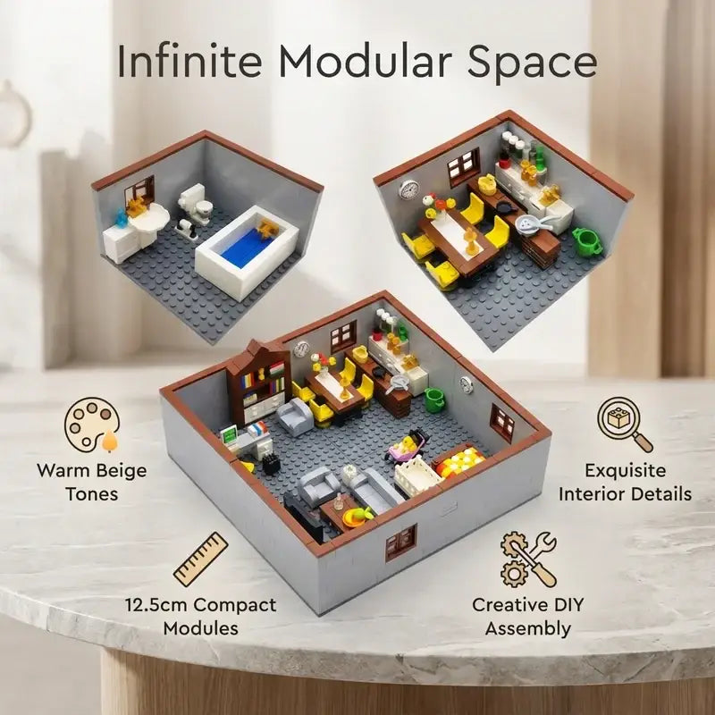 A detailed 12.5cm modular city house building set in warm beige tones with intricate interior for creative assembly